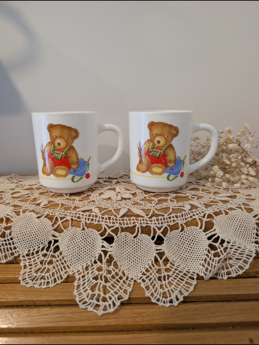 Vintage Arcopal France Children’s Mugs – Teddy Bear Design – Set of 2